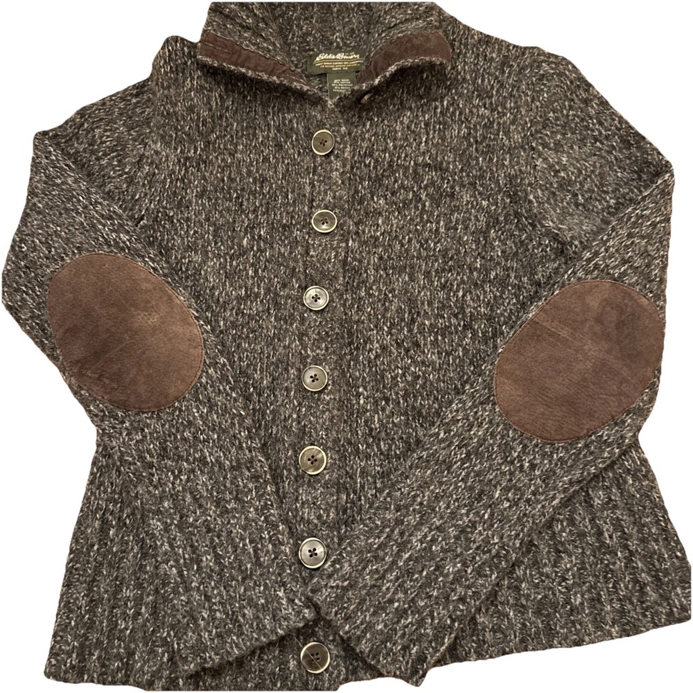 Eddie Bauer Cardigan w/ Suede Elbow Pads Gray Wool Blend Women's S Preppy Prof